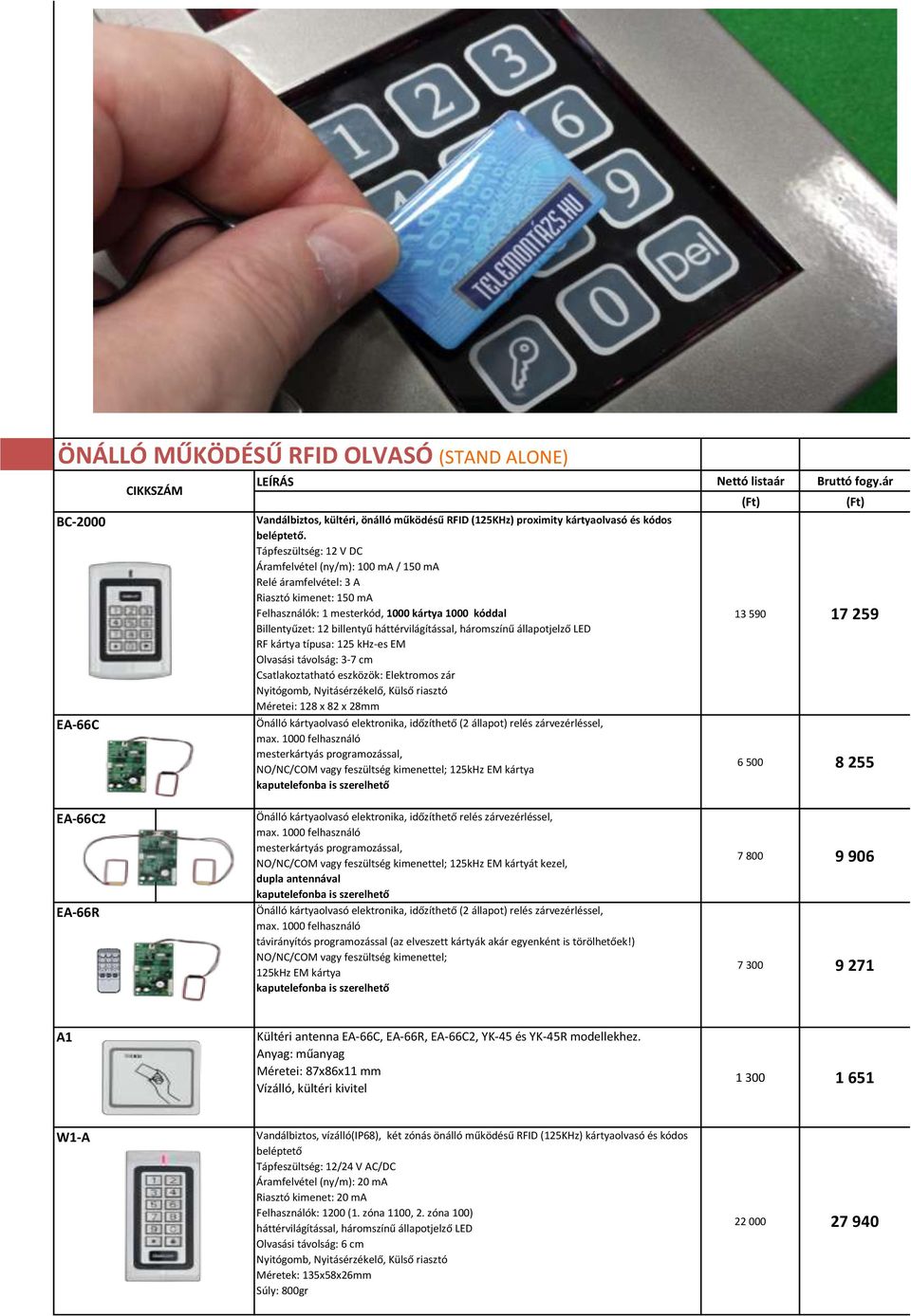 háttérvilágítással, háromszínű állapotjelző LED RF kártya típusa: 125 khz-es EM Olvasási távolság: 3-7 cm Csatlakoztatható eszközök: Elektromos zár Nyitógomb, Nyitásérzékelő, Külső riasztó Méretei: