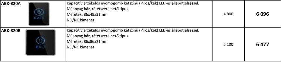 Műanyag ház, rátétszerelhető típus Méretek: 86x49x21mm NO/NC kimenet Kapacitív