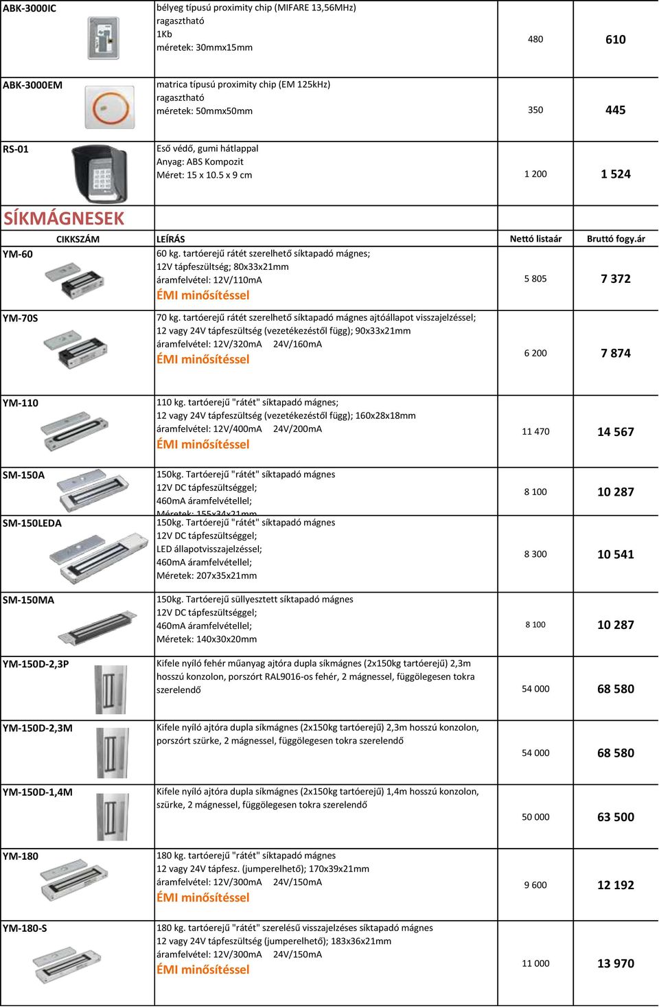 tartóerejű rátét szerelhető síktapadó mágnes; 12V tápfeszültség; 80x33x21mm áramfelvétel: 12V/110mA 70 kg.