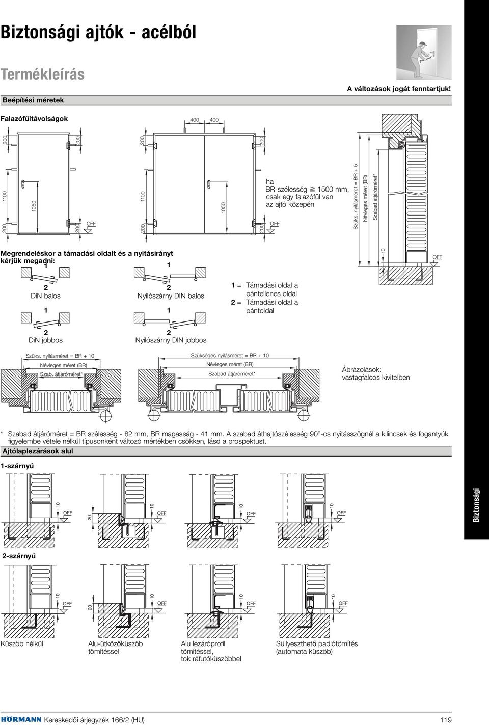 nyílásméret = BR + 5 Névleges méret (BR) Szabad átjáróméret* Megrendeléskor a támadási oldalt és a nyitásirányt kérjük megadni: 1 1 10 OFF 2 2 DiN balos Nyílószárny DIN balos 1 1 1 = Támadási oldal a