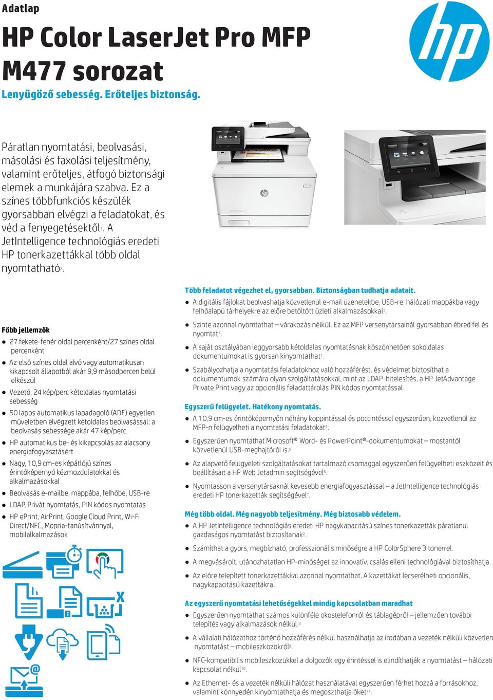 Ez a színes többfunkciós készülék gyorsabban elvégzi a feladatokat, és véd a fenyegetésektől 1. A JetIntelligence technológiás eredeti HP tonerkazettákkal több oldal nyomtatható 2.