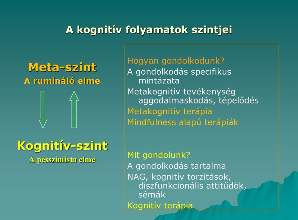 A gondolkodás specifikus mintázata Metakognitív tevékenység aggodalmaskodás, tépelődés