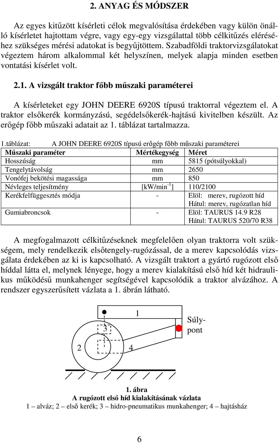 A vizsgált traktor főbb műszaki paraméterei A kísérleteket egy JOHN DEERE 690S típusú traktorral végeztem el. A traktor elsőkerék kormányzású, segédelsőkerék-hajtású kivitelben készült.