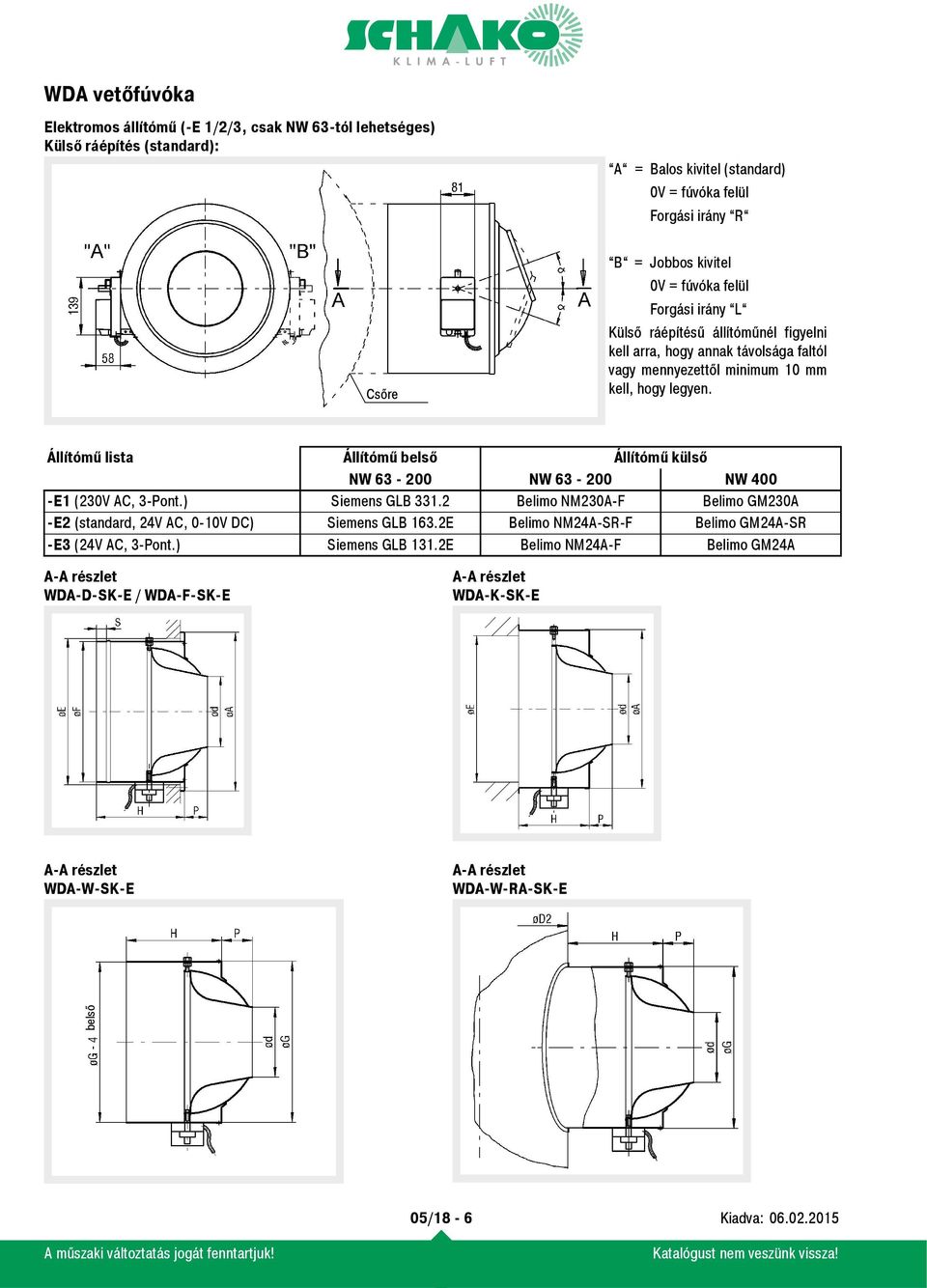 Állítómű lista Állítómű belső Állítómű külső 63-200 63-200 400 -E1 (230V AC, 3-Pont.) Siemens GLB 331.2 Belimo NM230A-F Belimo GM230A -E2 (standard, 24V AC, 0-10V DC) Siemens GLB 163.