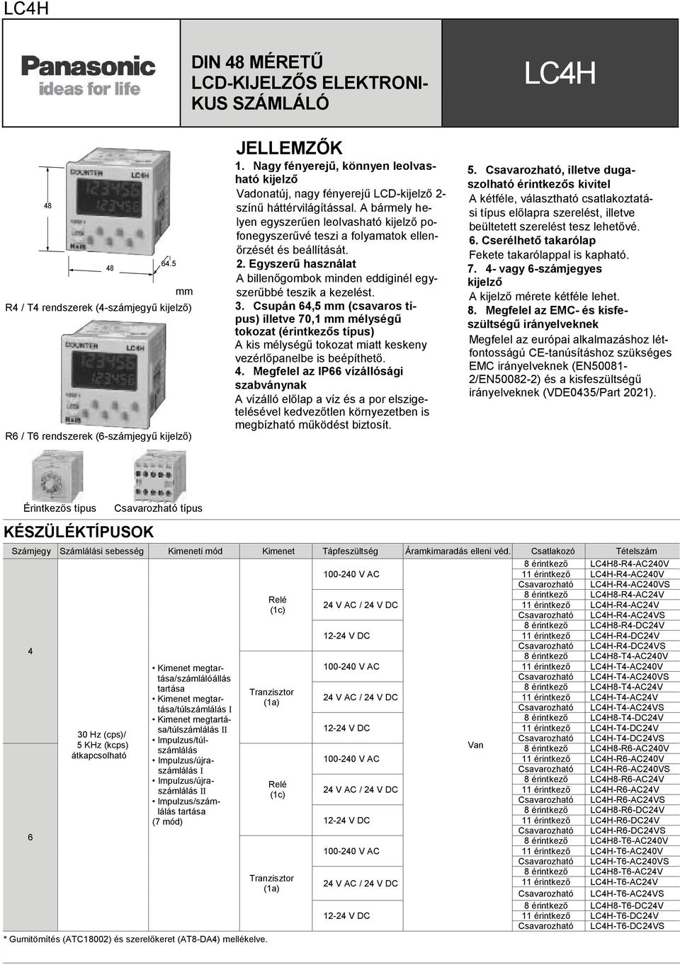 billenőgombok minden eddiginél egyszerűbbé teszik a kezelést Csupán 64,5 mm (csavaros típus) illetve 70, mm mélységű tokozat (érintkezős típus) A kis mélységű tokozat miatt keskeny vezérlőpanelbe is