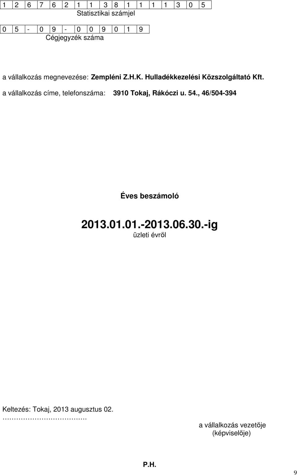 a vállalkozás címe, telefonszáma: 3910 Tokaj, Rákóczi u. 54., 46/504-394 Éves beszámoló 2013.