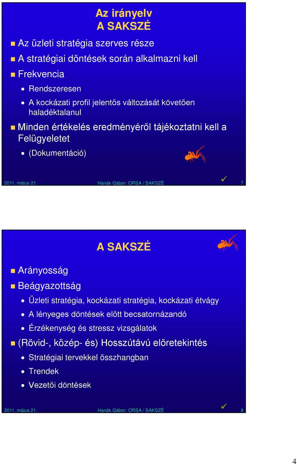 Hanák Gábor: ORSA / SAKSZÉ 7 Arányosság Beágyazottság A SAKSZÉ Üzleti stratégia, kockázati stratégia, kockázati étvágy A lényeges döntések előtt