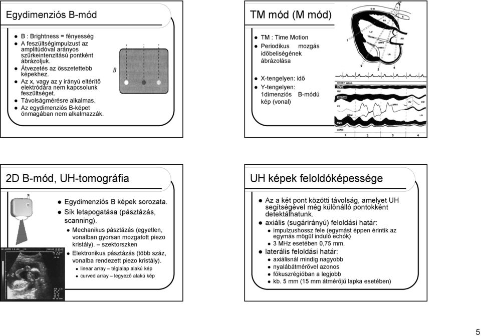 TM : Time Motion Periodikus mozgás időbeliségének ábrázolása Xtengelyen: idő Ytengelyen: 1dimenziós Bmódú kép (vonal) D Bmód, UHtomográfia Egydimenziós B képek sorozata.