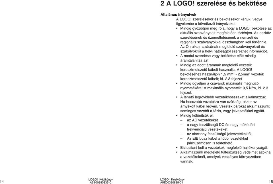 Az Ön alkalmazásának megfelelœ szabványokról és szabályokról a helyi hatóságtól szerezhet információt. A modul szerelése vagy bekötése elœtt mindig áramtalanítsa azt.