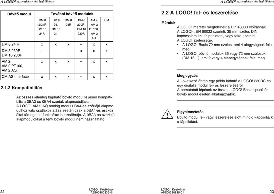 x CM AS Interface x x x x x 2.1.3 Kompatibilitás Az összes jelenleg kapható bœvítœ modul teljesen kompatibilis a 0BA3 és 0BA4 szériák alapmoduljával. A LOGO!