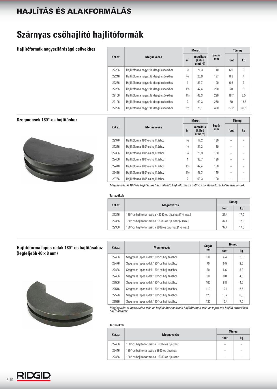 Hajlítóforma 180 -os hajlításhoz 1 33,7 130 in. Méret metrikus (külső átmérő) Sugár 22236 Hajlítóforma nagyszilárdságú csövekhez 1 2 21,3 110 6.