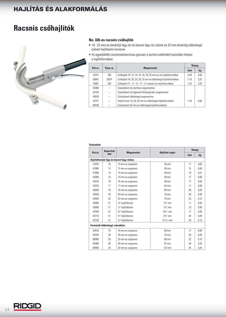 49 3,85 35861 326-P Csőhajlító 16, 20, 25, 26, 32 -es többrétegű hajlítóformákkal 7.10 3,22 19061 326 Csőhajlító 3 8", 1 2", 5 8", 3 4", 7 8" méretű réz hajlítóformákkal 1.