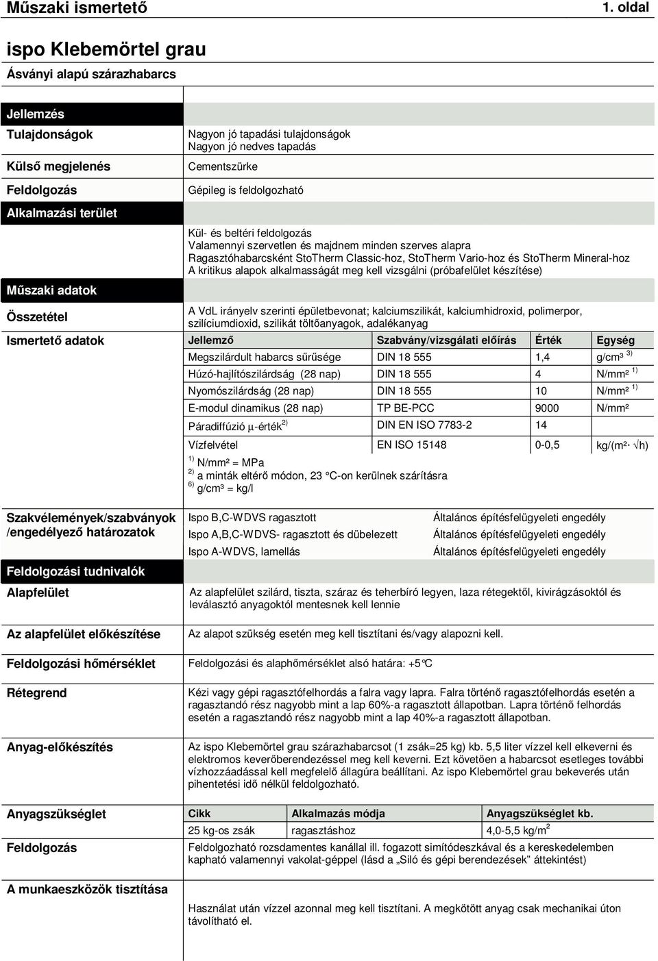 Vario-hoz és StoTherm Mineral-hoz A kritikus alapok alkalmasságát meg kell vizsgálni (próbafelület készítése) A VdL irányelv szerinti épületbevonat; kalciumszilikát, kalciumhidroxid, polimerpor,