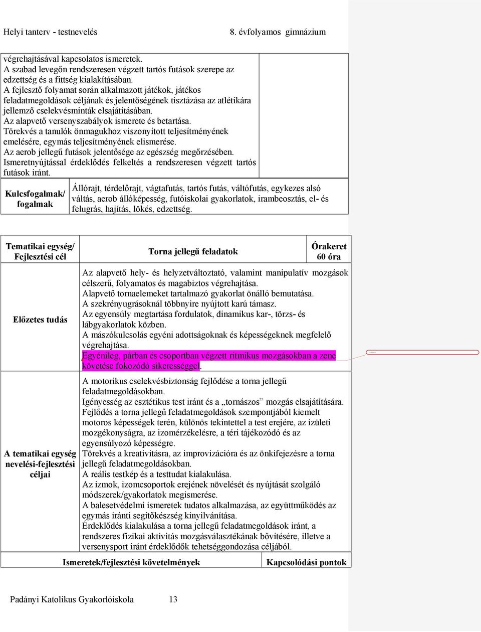 Az alapvető versenyszabályok ismerete és betartása. Törekvés a tanulók önmagukhoz viszonyított teljesítményének emelésére, egymás teljesítményének elismerése.