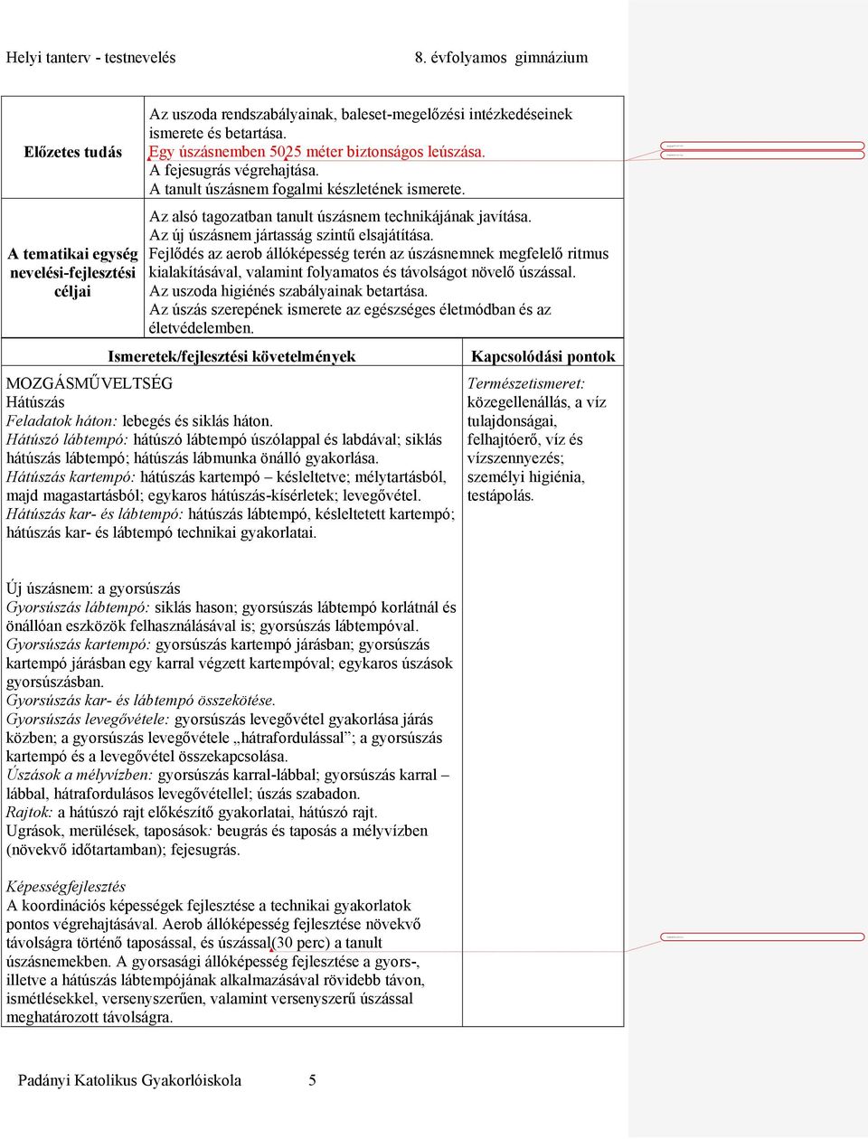 Az alsó tagozatban tanult úszásnem technikájának javítása. Az új úszásnem jártasság szintű elsajátítása.