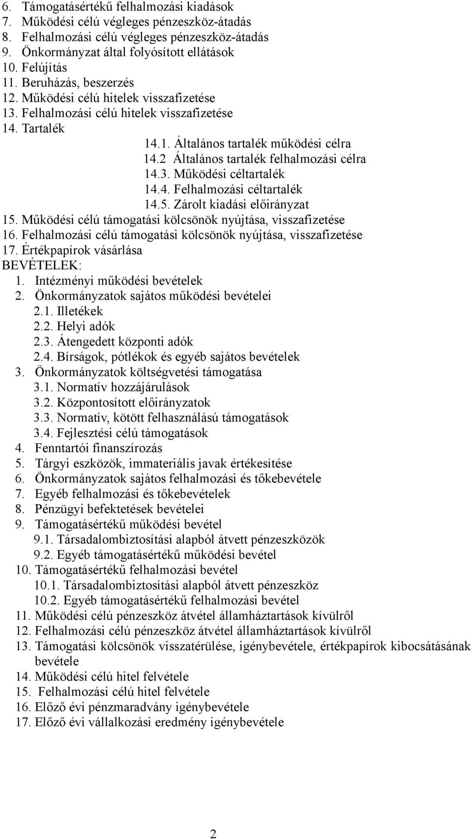 4. Felhalmozási céltartalék 14.5. Zárolt kiadási előirányzat 15. Működési célú támogatási kölcsönök nyújtása, 16. Felhalmozási célú támogatási kölcsönök nyújtása, 17.