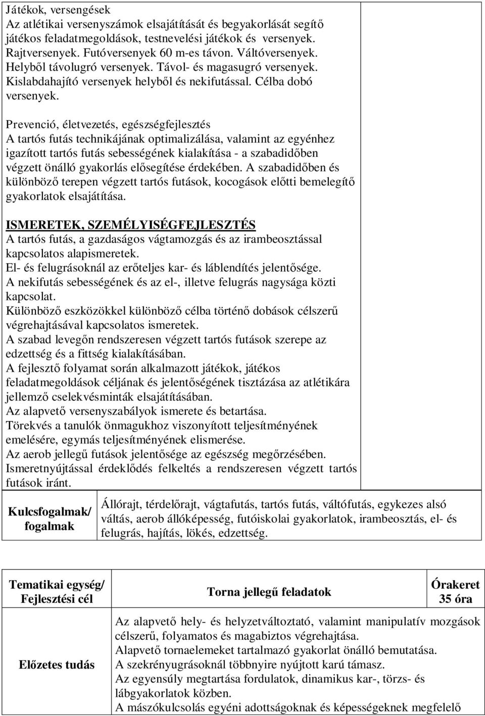 Prevenció, életvezetés, egészségfejlesztés A tartós futás technikájának optimalizálása, valamint az egyénhez igazított tartós futás sebességének kialakítása - a szabadidőben végzett önálló gyakorlás