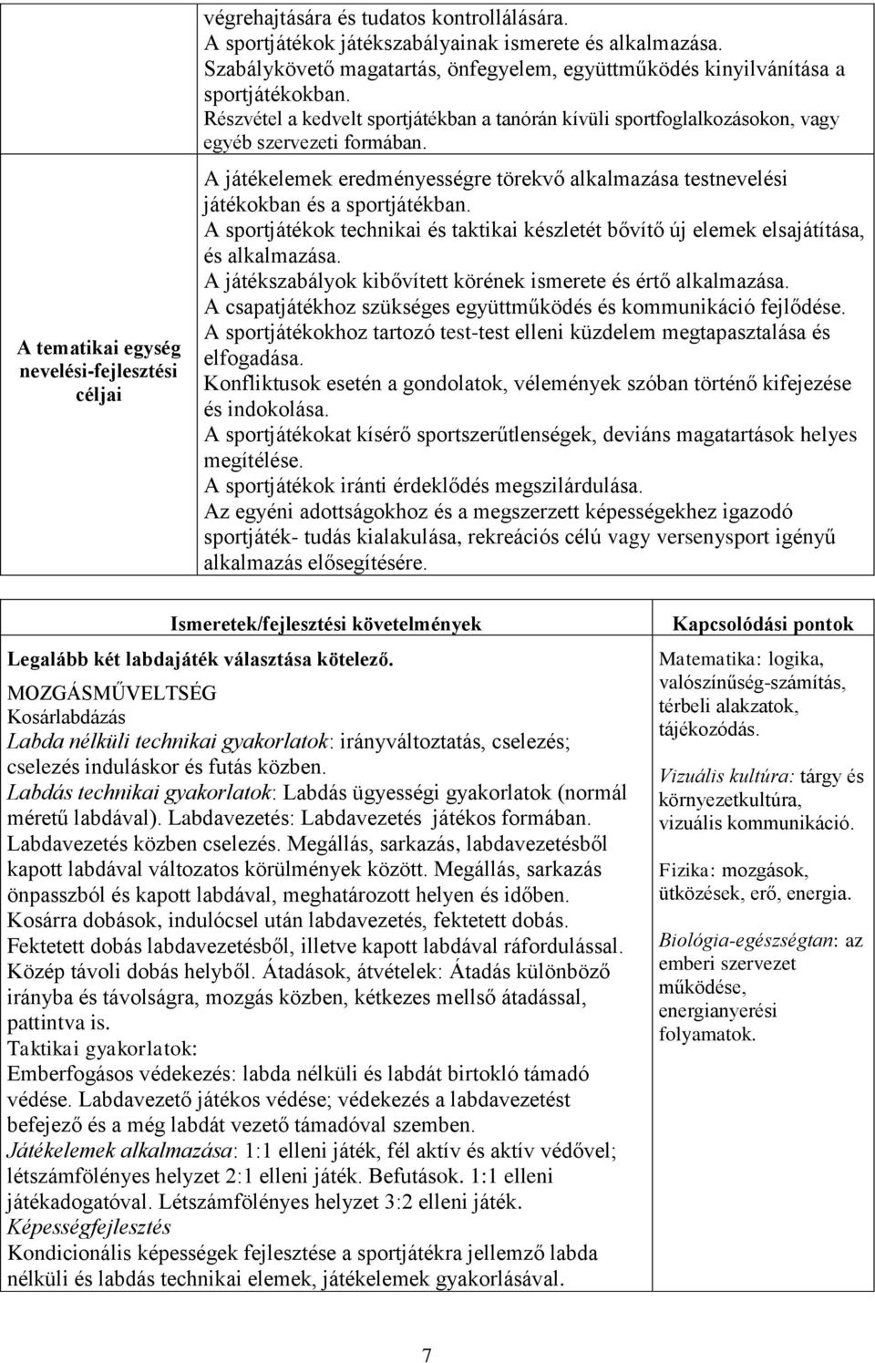 A játékelemek eredményességre törekvő alkalmazása testnevelési játékokban és a sportjátékban. A sportjátékok technikai és taktikai készletét bővítő új elemek elsajátítása, és alkalmazása.