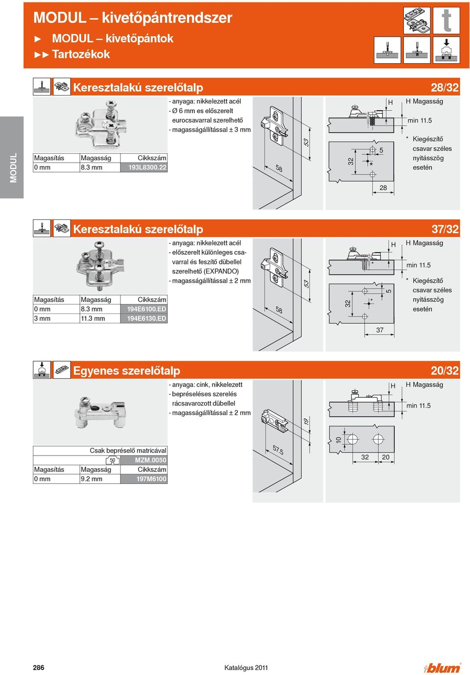 5 * Kiegészítő csavar széles nyitásszög esetén Magasítás 0 mm 3 mm Keresztalakú szerelőtalp 37/32 Magasság 8.3 mm 11.3 mm 194E6100.ED 194E6130.