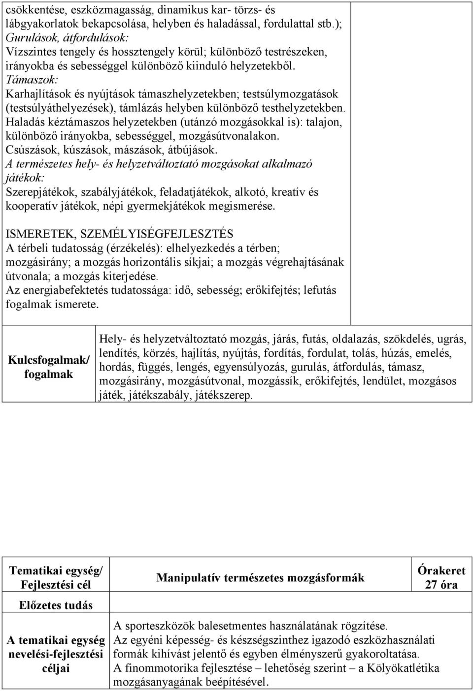 Támaszok: Karhajlítások és nyújtások támaszhelyzetekben; testsúlymozgatások (testsúlyáthelyezések), támlázás helyben különböző testhelyzetekben.