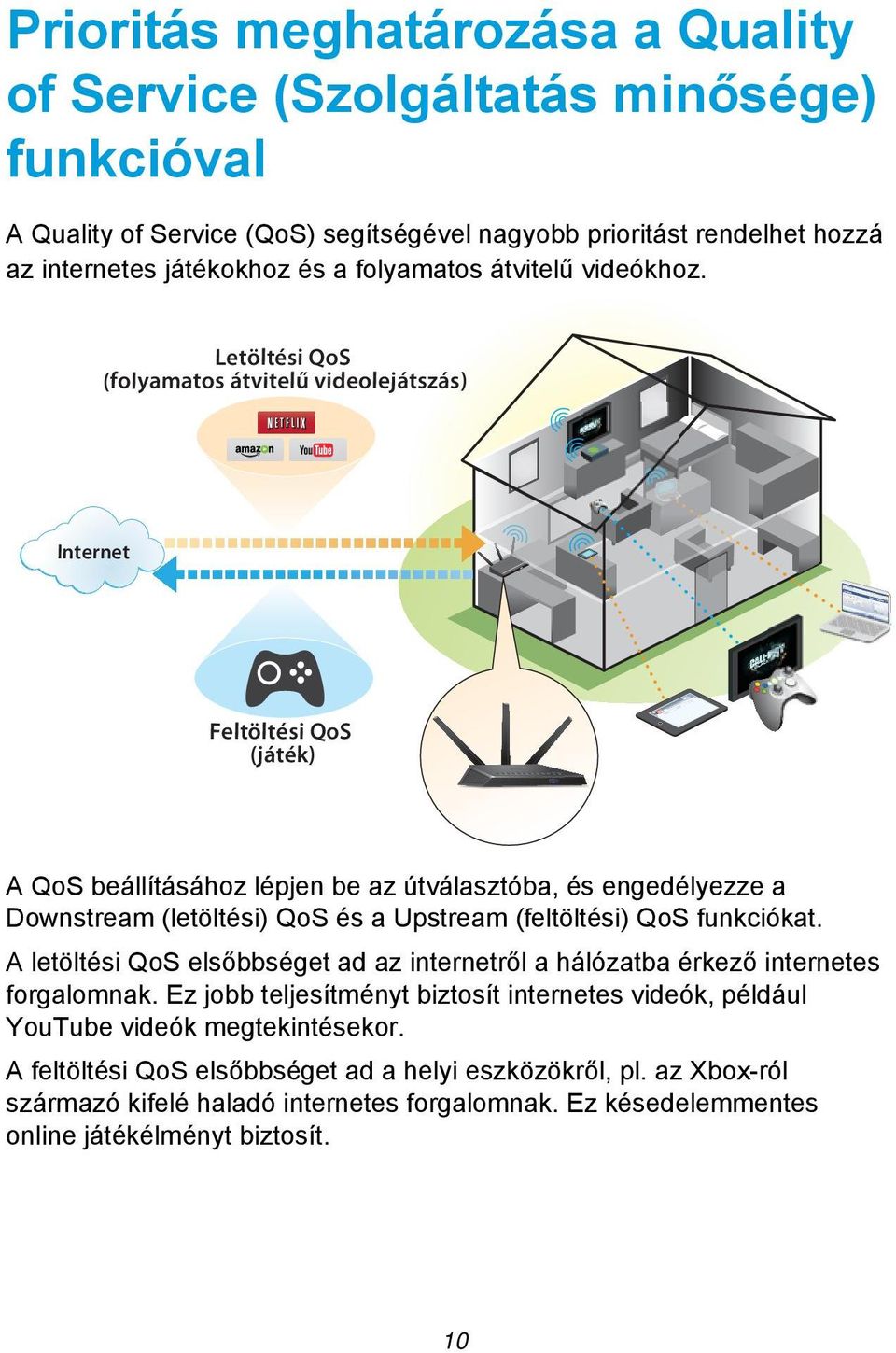 Letöltési QoS (folyamatos átvitelű videolejátszás) Internet Feltöltési QoS (játék) A QoS beállításához lépjen be az útválasztóba, és engedélyezze a Downstream (letöltési) QoS és a Upstream