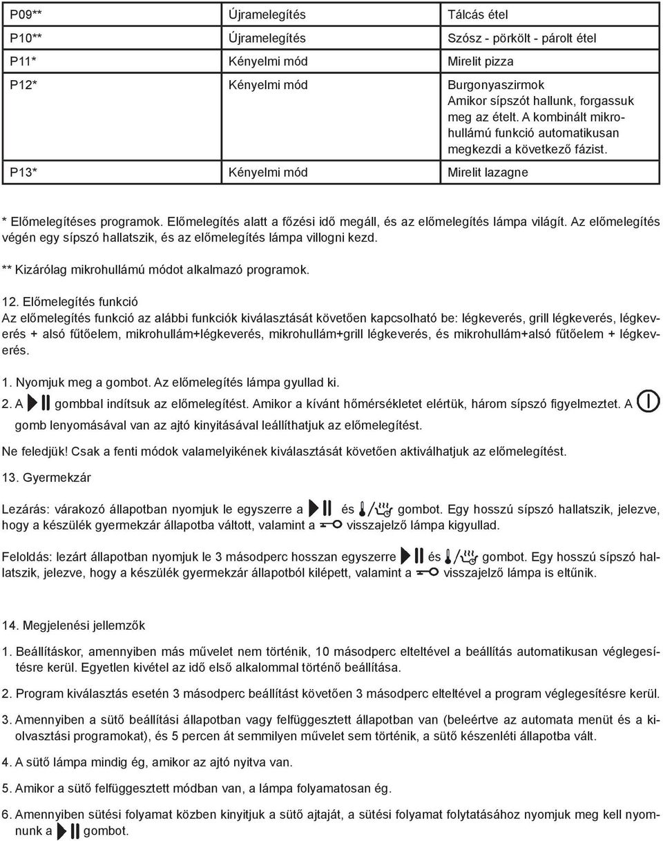 Előmelegítés alatt a főzési idő megáll, és az előmelegítés lámpa világít. Az előmelegítés végén egy sípszó hallatszik, és az előmelegítés lámpa villogni kezd.