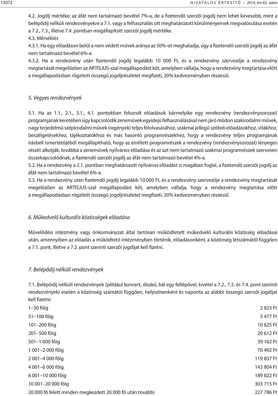 Ha egy előadáson belül a nem védett művek aránya az 50%-ot meghaladja, úgy a fizetendő szerzői jogdíj az áfát nem tartalmazó bevétel 6%-a. 4.3.2.