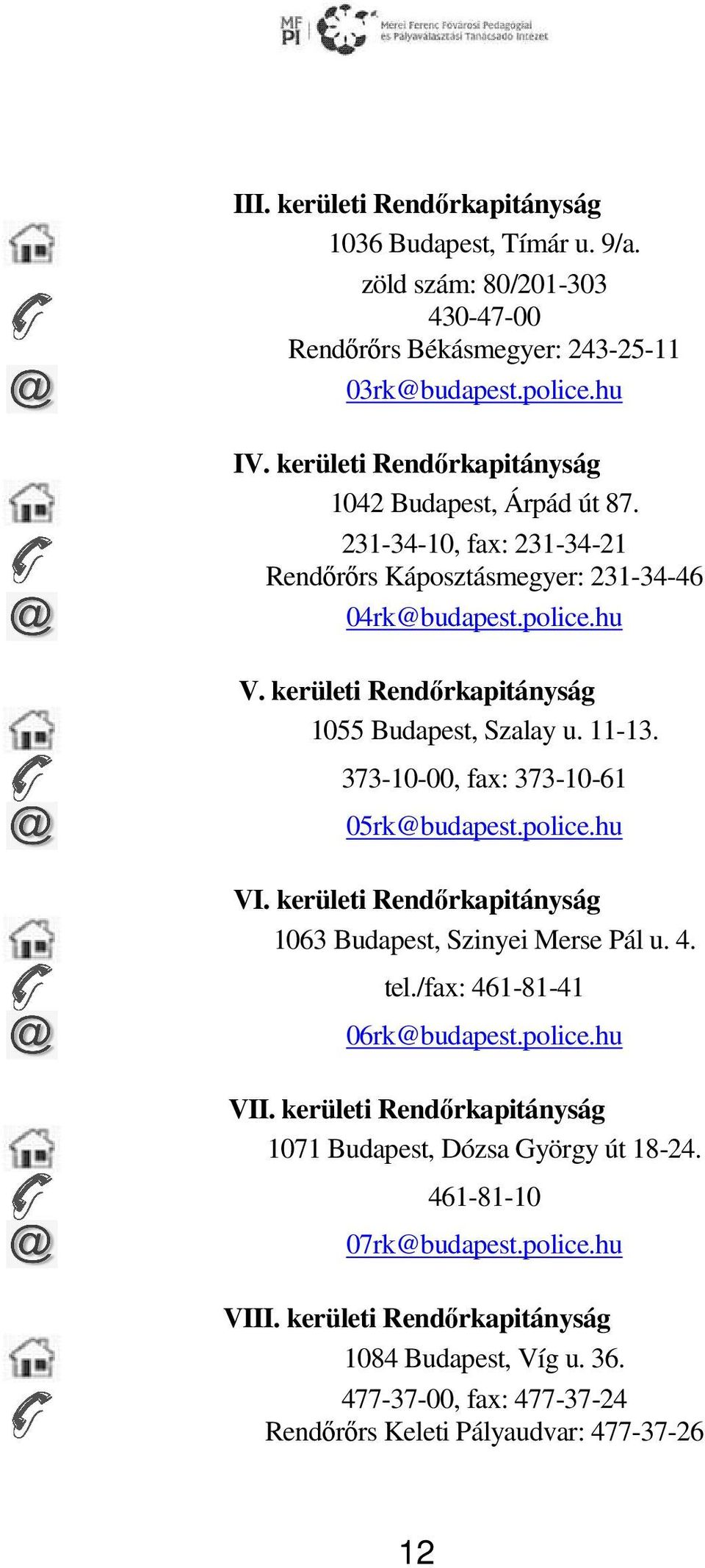 kerületi Rendırkapitányság 1055 Budapest, Szalay u. 11-13. 373-10-00, fax: 373-10-61 05rk@budapest.police.hu VI. kerületi Rendırkapitányság 1063 Budapest, Szinyei Merse Pál u. 4. tel.