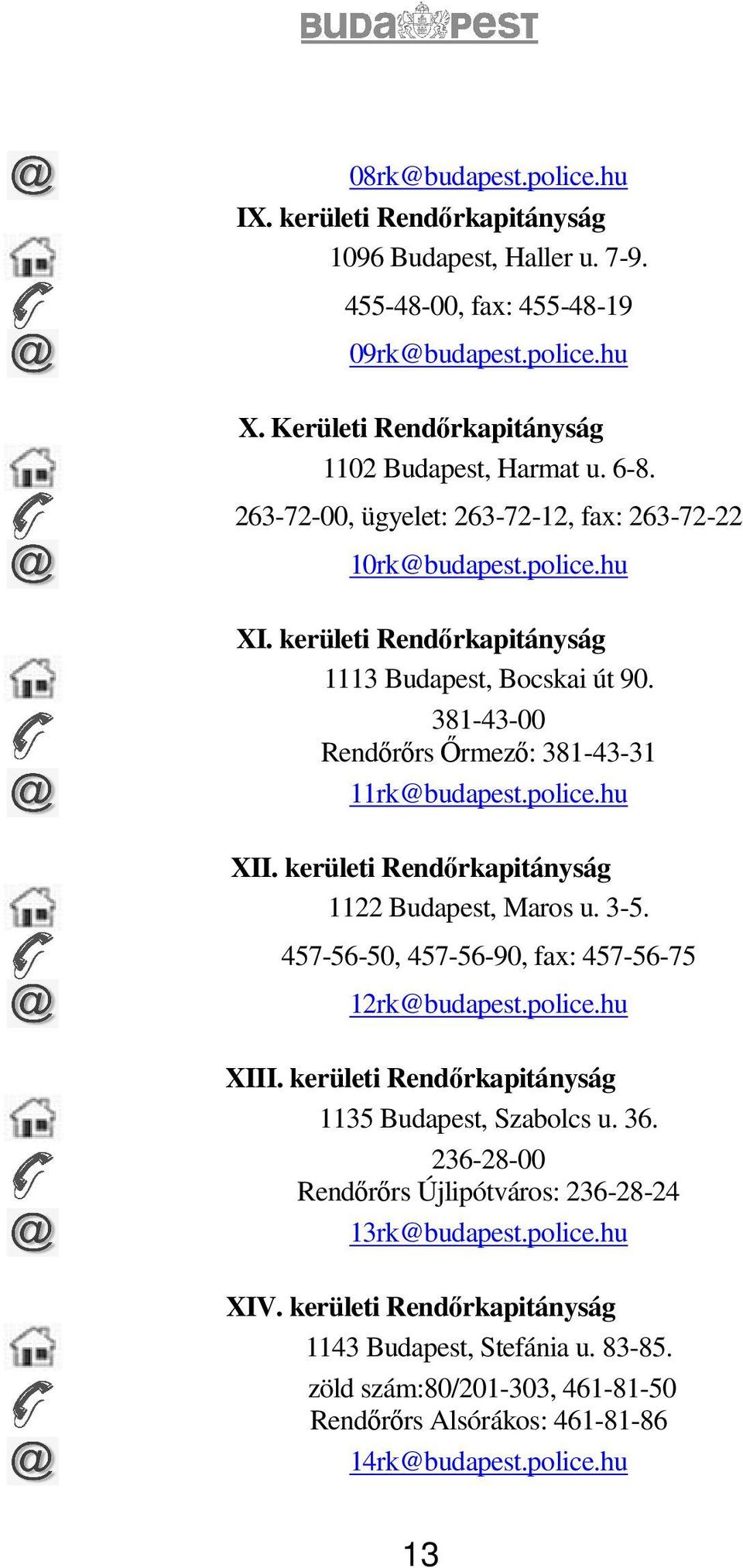 kerületi Rendırkapitányság 1122 Budapest, Maros u. 3-5. 457-56-50, 457-56-90, fax: 457-56-75 12rk@budapest.police.hu XIII. kerületi Rendırkapitányság 1135 Budapest, Szabolcs u. 36.