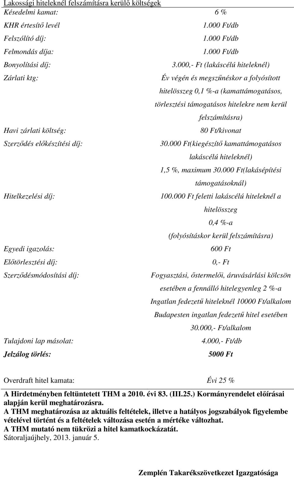 00 (lakáscélú hiteleknél) Év végén és megszűnéskor a folyósított hitelösszeg 0,1 %-a (kamattámogatásos, törlesztési támogatásos hitelekre nem kerül felszámításra) 8/kivonat 30.