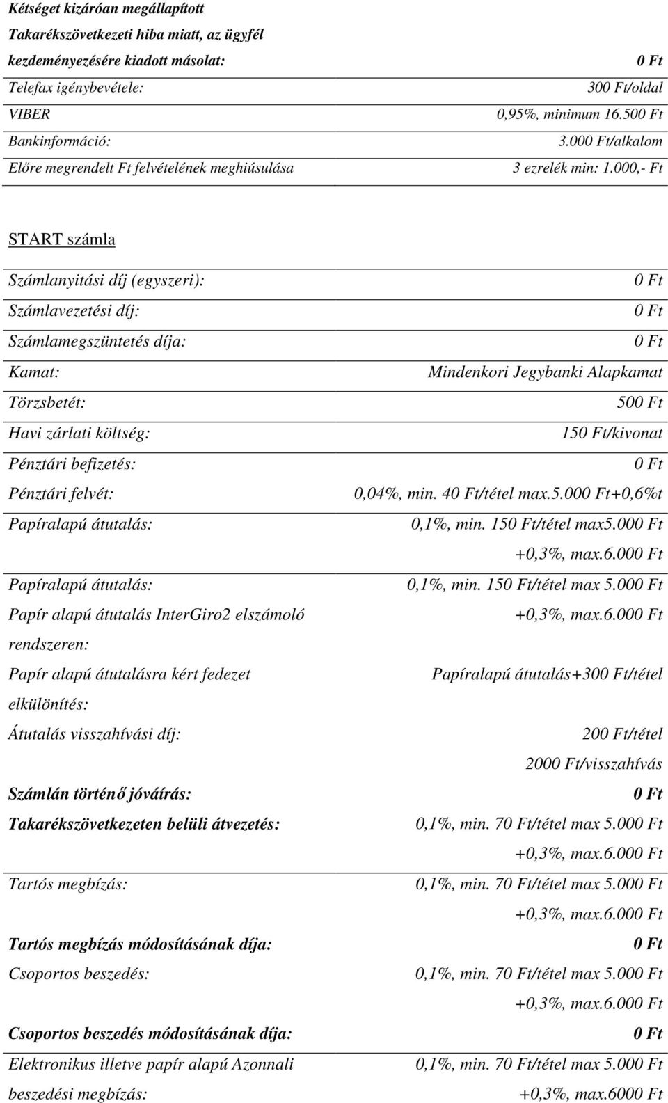 00 START számla Számlanyitási díj (egyszeri): Számlavezetési díj: Számlamegszüntetés díja: Kamat: Törzsbetét: Havi zárlati költség: Pénztári befizetés: Pénztári felvét: Papíralapú átutalás:
