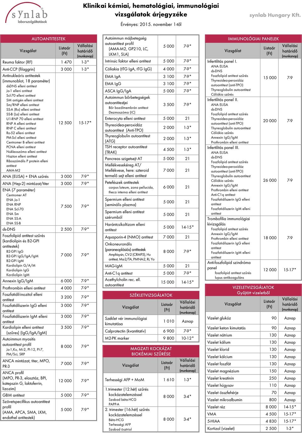 protein elleni AMA-M2 ANA (ELISA) + ENA szűrés 3 000 7-9* ANA (Hep-2) mintázat/titer 3 000 7-9* ENA (7 paraméter) Centromer AT ENA Jo-1 ENA RNP ENA Scl-70 7 500 7-9* ENA Sm ENA SS-A ENA SS-B 2 500