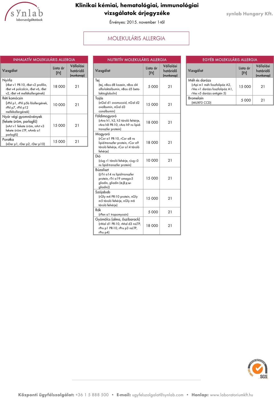 10 000 21 NUTRITÍV MOLEKULÁRIS ALLERGIA Tej (tej, nbos d8 kazein, nbos d4 alfa-laktalbumin, nbos d5 betalaktoglobulin) Tojás (ngal d1 ovomucoid, ngal d2 ovalbumin, ngal d3 conalbumin) Földimogyoró