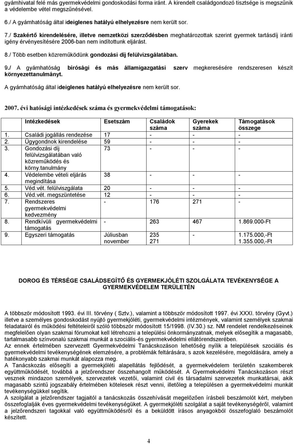 / Szakértő kirendelésére, illetve nemzetközi szerződésben meghatározottak szerint gyermek tartásdíj iránti igény érvényesítésére 2006-ban nem indítottunk eljárást. 8.