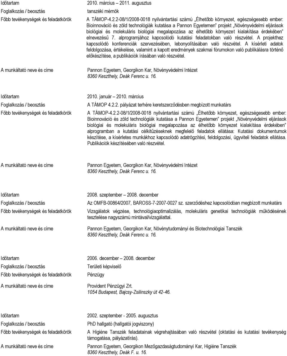 alprogramjához kapcsolódó kutatási feladatokban való részvétel. A projekthez kapcsolódó konferenciák szervezésében, lebonyolításában való részvétel.