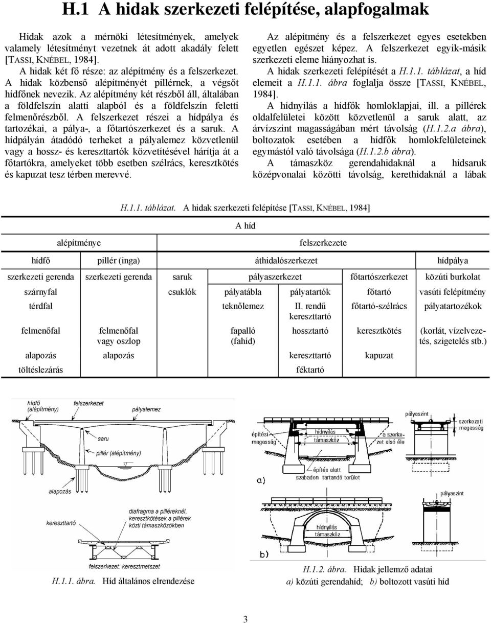 Az alépítmény két részből áll, általában a földfelszín alatti alapból és a földfelszín feletti felmenőrészből. A felszerkezet részei a hídpálya és tartozékai, a pálya-, a főtartószerkezet és a saruk.