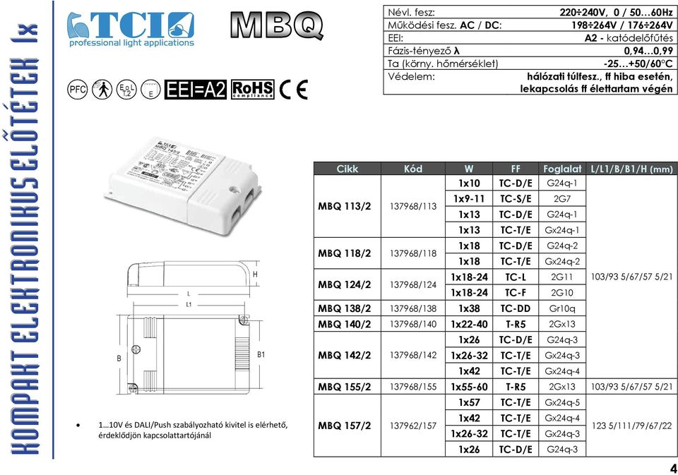, ff hiba esetén, lekapcsolás ff élettartam végén W FF Foglalat L/L1/B/B1/H 1x10 TC-D/E G24q-1 MBQ 113/2 137968/113 1x9-11 TC-S/E 2G7 1x13 TC-D/E G24q-1 1x13 TC-T/E Gx24q-1 MBQ 118/2 137968/118 1x18