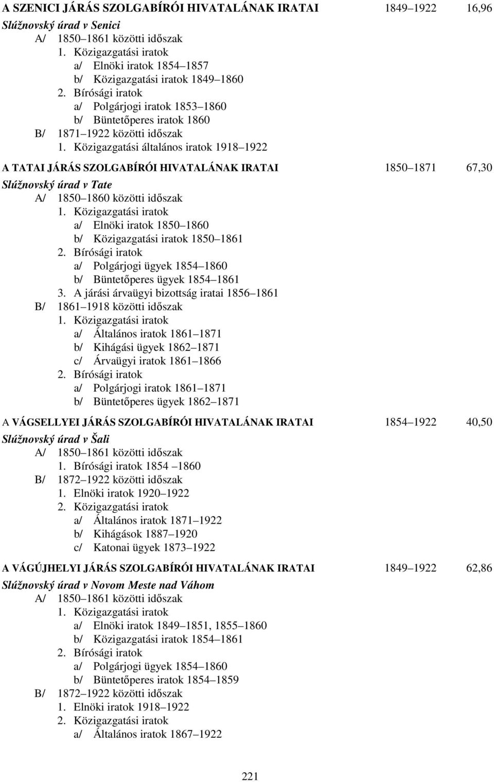 Közigazgatási általános iratok 1918 1922 A TATAI JÁRÁS SZOLGABÍRÓI HIVATALÁNAK IRATAI 1850 1871 67,30 Slúžnovský úrad v Tate A/ 1850 1860 közötti időszak 1.