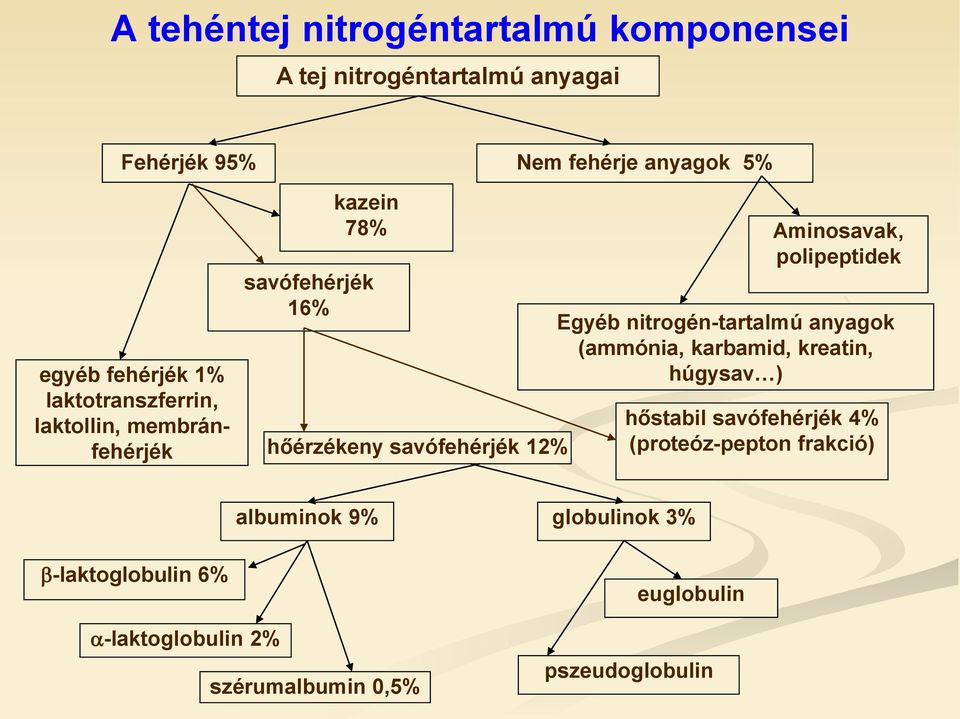 Aminosavak, polipeptidek Egyéb nitrogén-tartalmú anyagok (ammónia, karbamid, kreatin, húgysav ) hőstabil savófehérjék 4%