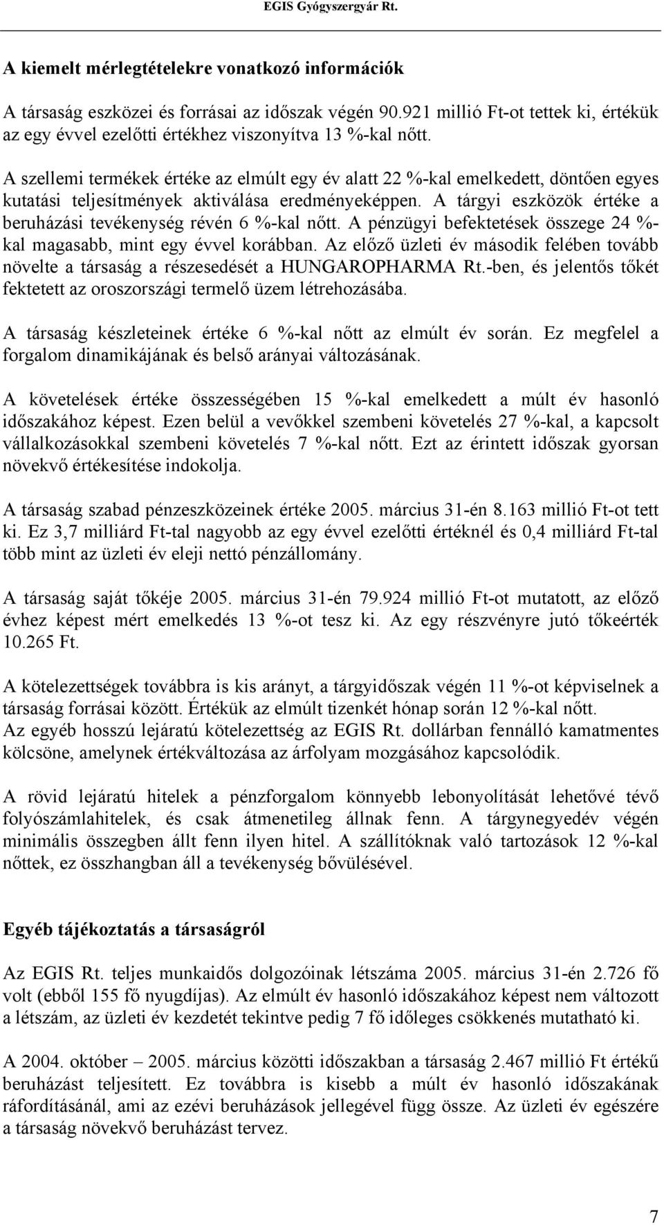 A tárgyi eszközök értéke a beruházási tevékenység révén 6 %-kal nőtt. A pénzügyi befektetések összege 24 %- kal magasabb, mint egy évvel korábban.