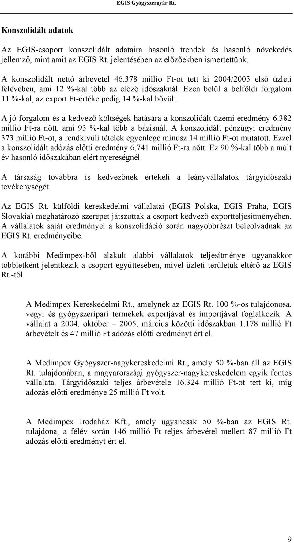 Ezen belül a belföldi forgalom 11 %-kal, az export Ft-értéke pedig 14 %-kal bővült. A jó forgalom és a kedvező költségek hatására a konszolidált üzemi eredmény 6.