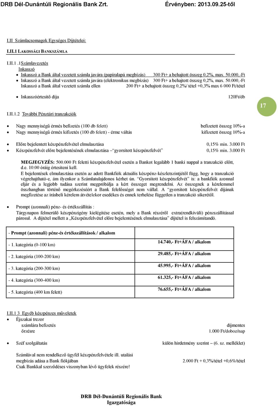 000,-Ft Inkasszó a Bank által vezetett számla ellen 200 Ft+ a behajtott összeg 0,2%/ tétel +0,3% max 6 000 Ft/tétel Inkasszóértesítő díja I.II.1.
