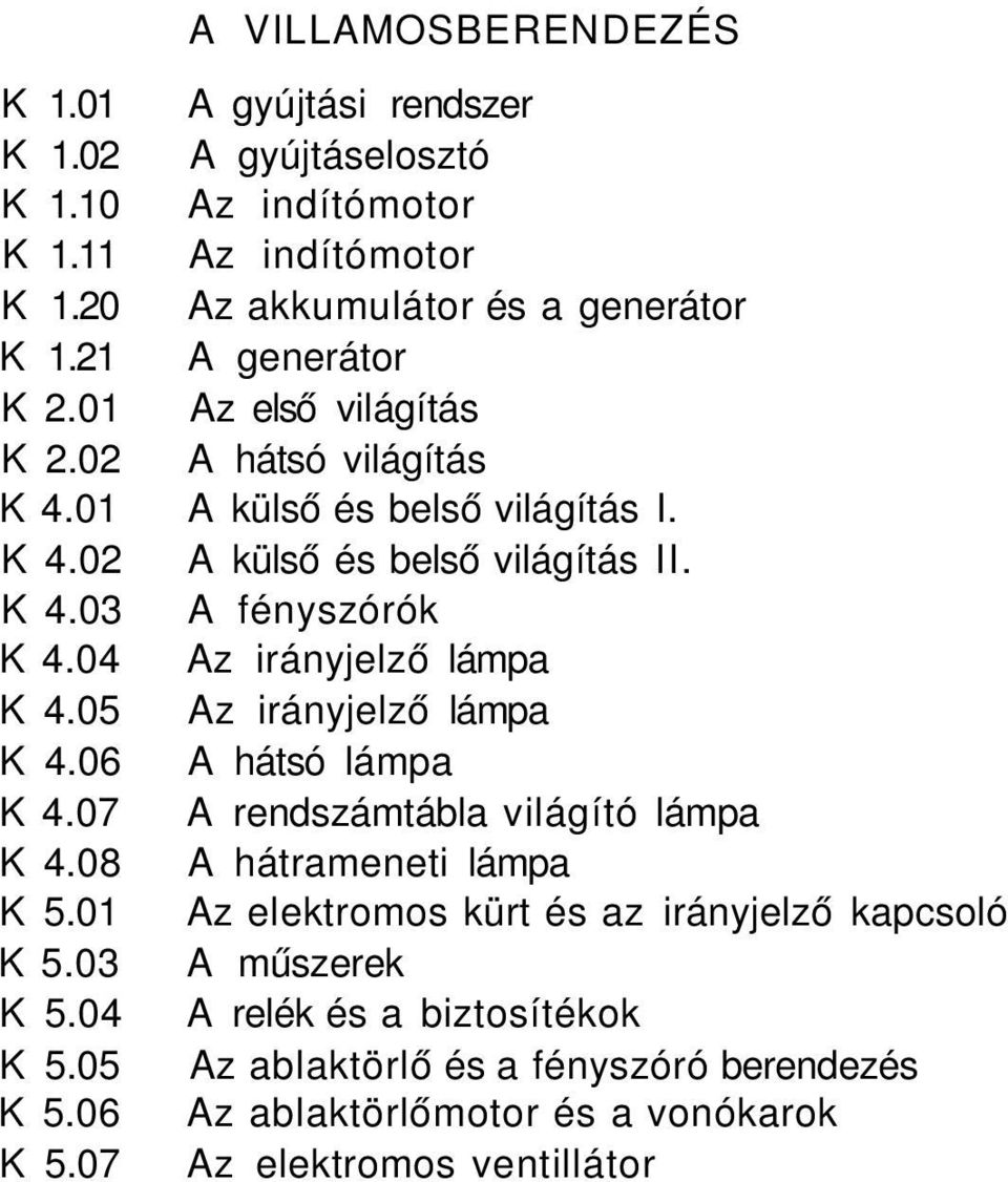 05 Az irányjelző lámpa K.0 A hátsó lámpa K.07 A rendszámtábla világító lámpa K.08 A hátrameneti lámpa K 5.0 Az elektromos kürt és az irányjelző kapcsoló K 5.