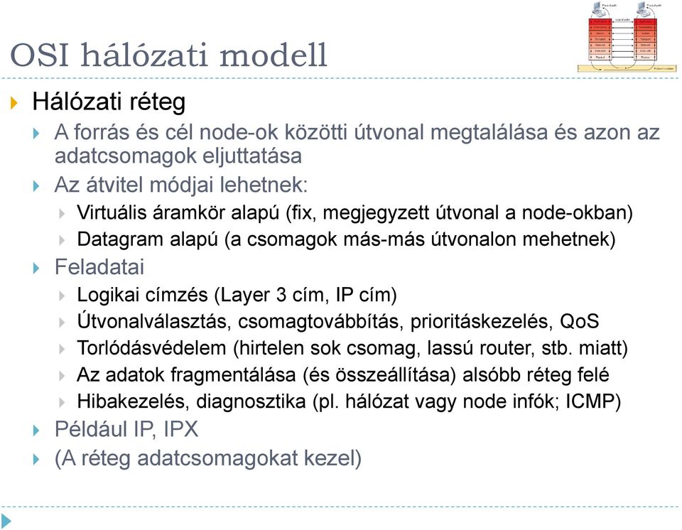 cím, IP cím) Útvonalválasztás, csomagtovábbítás, prioritáskezelés, QoS Torlódásvédelem (hirtelen sok csomag, lassú router, stb.