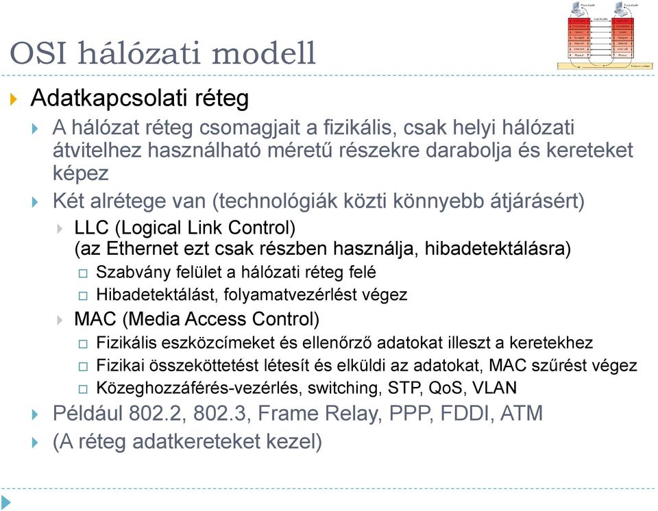 Hibadetektálást, folyamatvezérlést végez MAC (Media Access Control) Fizikális eszközcímeket és ellenőrző adatokat illeszt a keretekhez Fizikai összeköttetést létesít