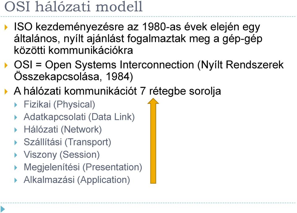 A hálózati kommunikációt 7 rétegbe sorolja Fizikai (Physical) Adatkapcsolati (Data Link) Hálózati