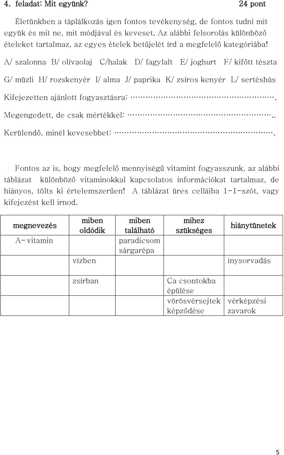 A/ szalonna B/ olívaolaj C/halak D/ fagylalt E/ joghurt F/ kifőtt tészta G/ müzli H/ rozskenyér I/ alma J/ paprika K/ zsíros kenyér L/ sertéshús Kifejezetten ajánlott fogyasztásra:.