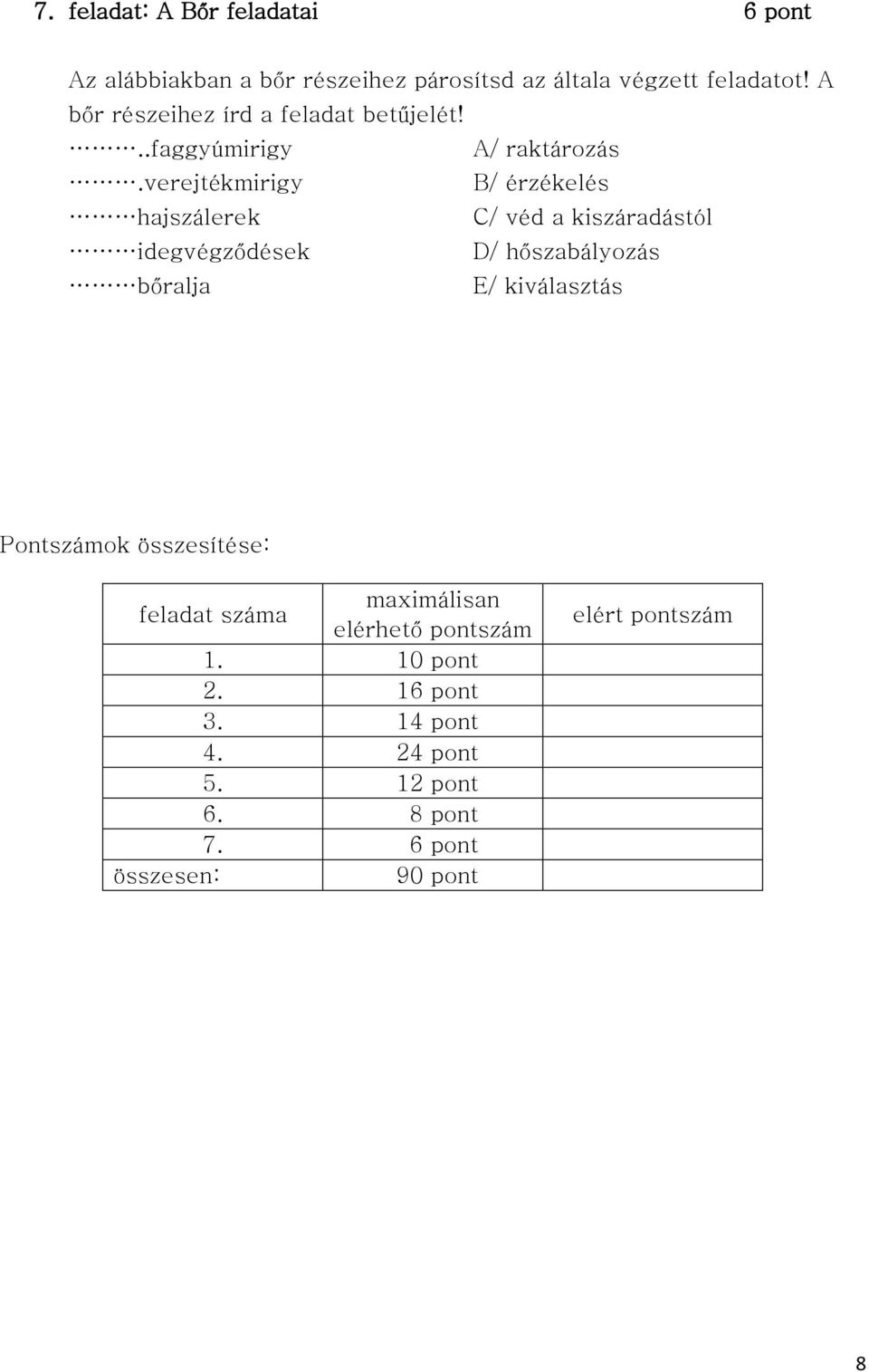 verejtékmirigy B/ érzékelés hajszálerek C/ véd a kiszáradástól idegvégződések D/ hőszabályozás bőralja E/ kiválasztás