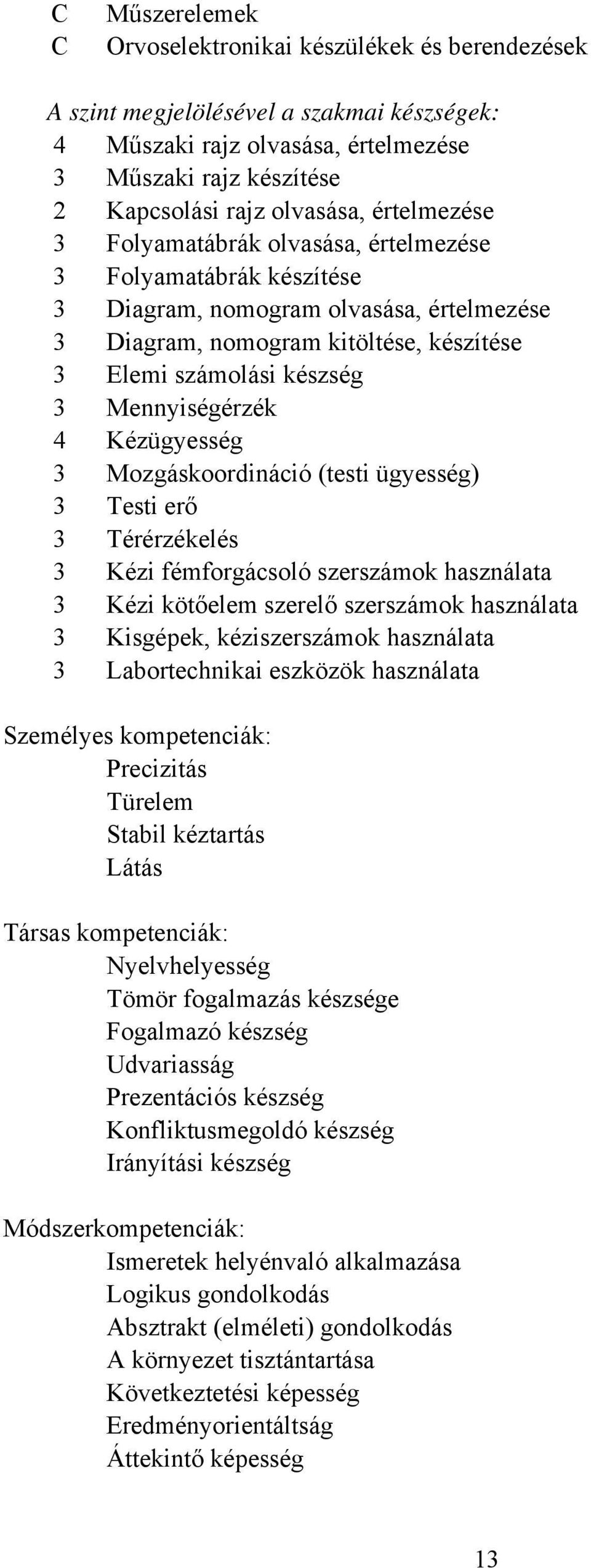 4 Kézügyesség 3 Mozgáskoordináció (testi ügyesség) 3 Testi erő 3 Térérzékelés 3 Kézi fémforgácsoló szerszámok használata 3 Kézi kötőelem szerelő szerszámok használata 3 Kisgépek, kéziszerszámok