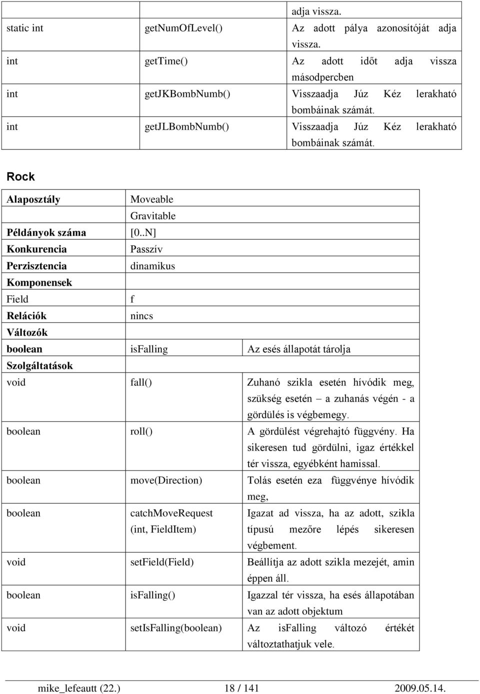 .N] Konkurencia Passzív Perzisztencia dinamikus Komponensek Field f Relációk nincs Változók boolean isfalling Az esés állapotát tárolja Szolgáltatások void fall() Zuhanó szikla esetén hívódik meg,